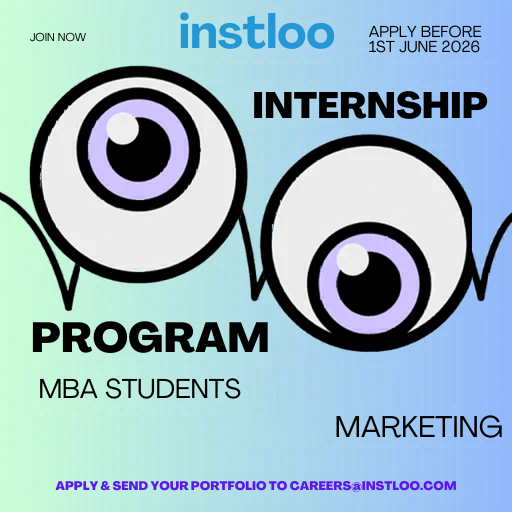 Advertisement for Instloo internship program for MBA students, Marketing track, apply by June 1, 2026, contact careers@instloo.com