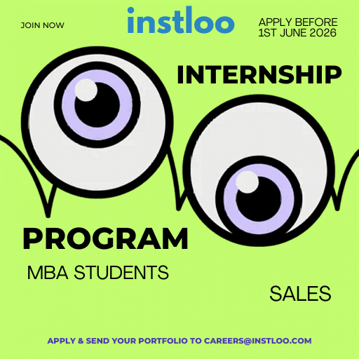 Bright green internship poster with bold headlines: Internship Program for MBA students, Sales, join now, lime background with cartoon eyes.